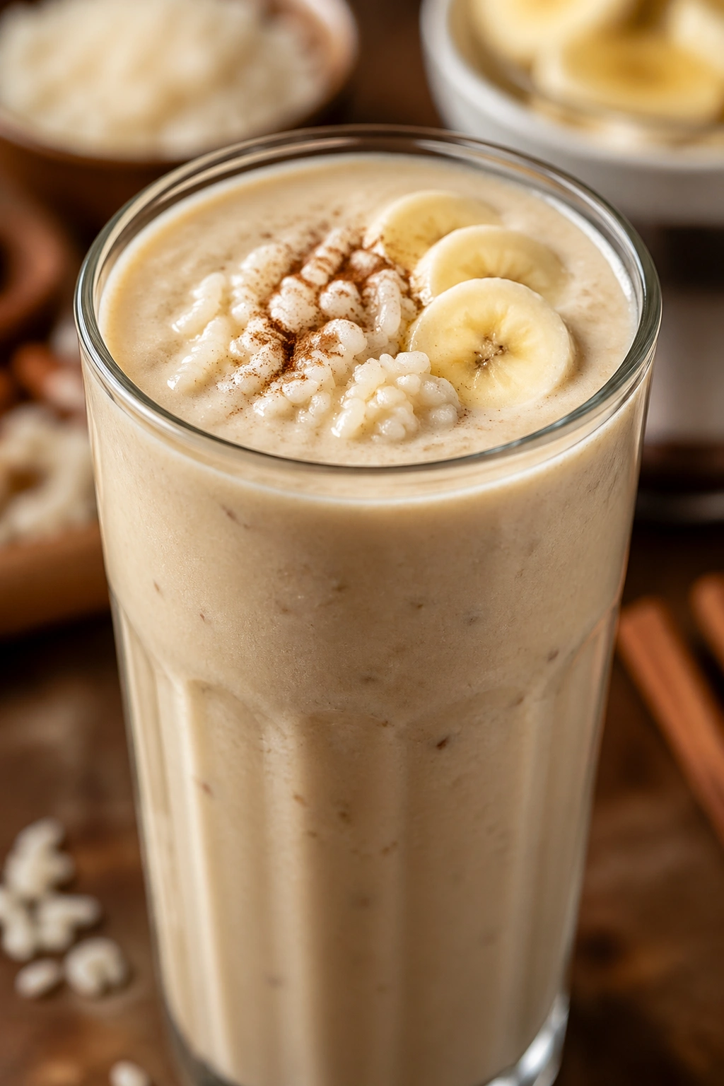 Creamy rice pudding smoothie in a glass, pre-workout nutrition on warm kitchen counter