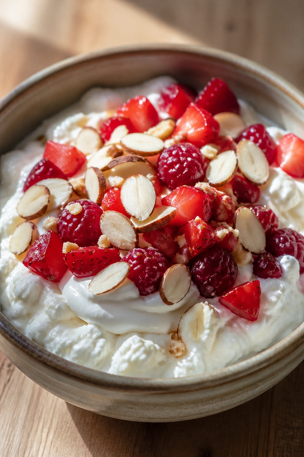 Creamy ricotta and skyr bowl with berries and almonds in a simple dish