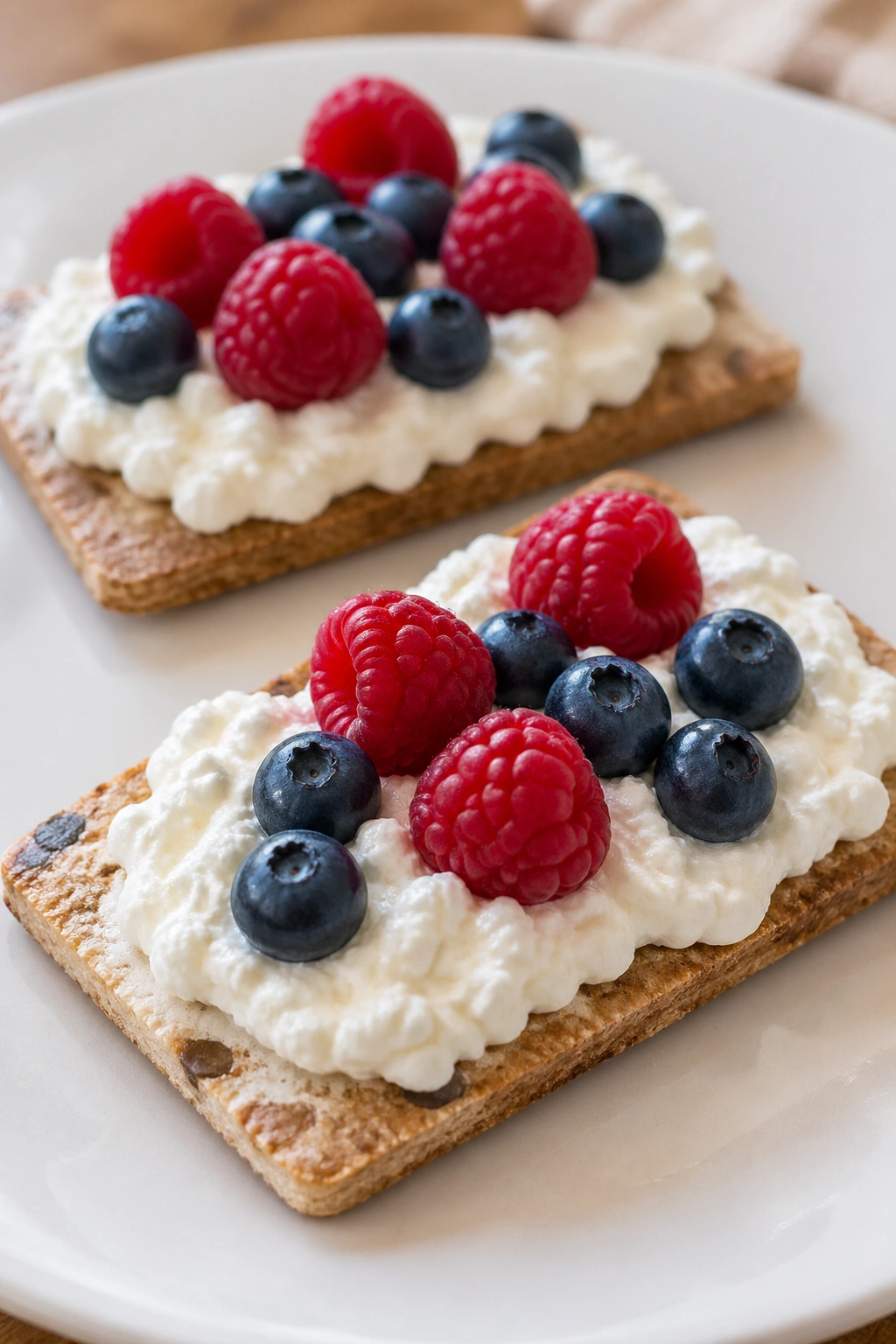Ricotta on crispbread with berries close-up on plate