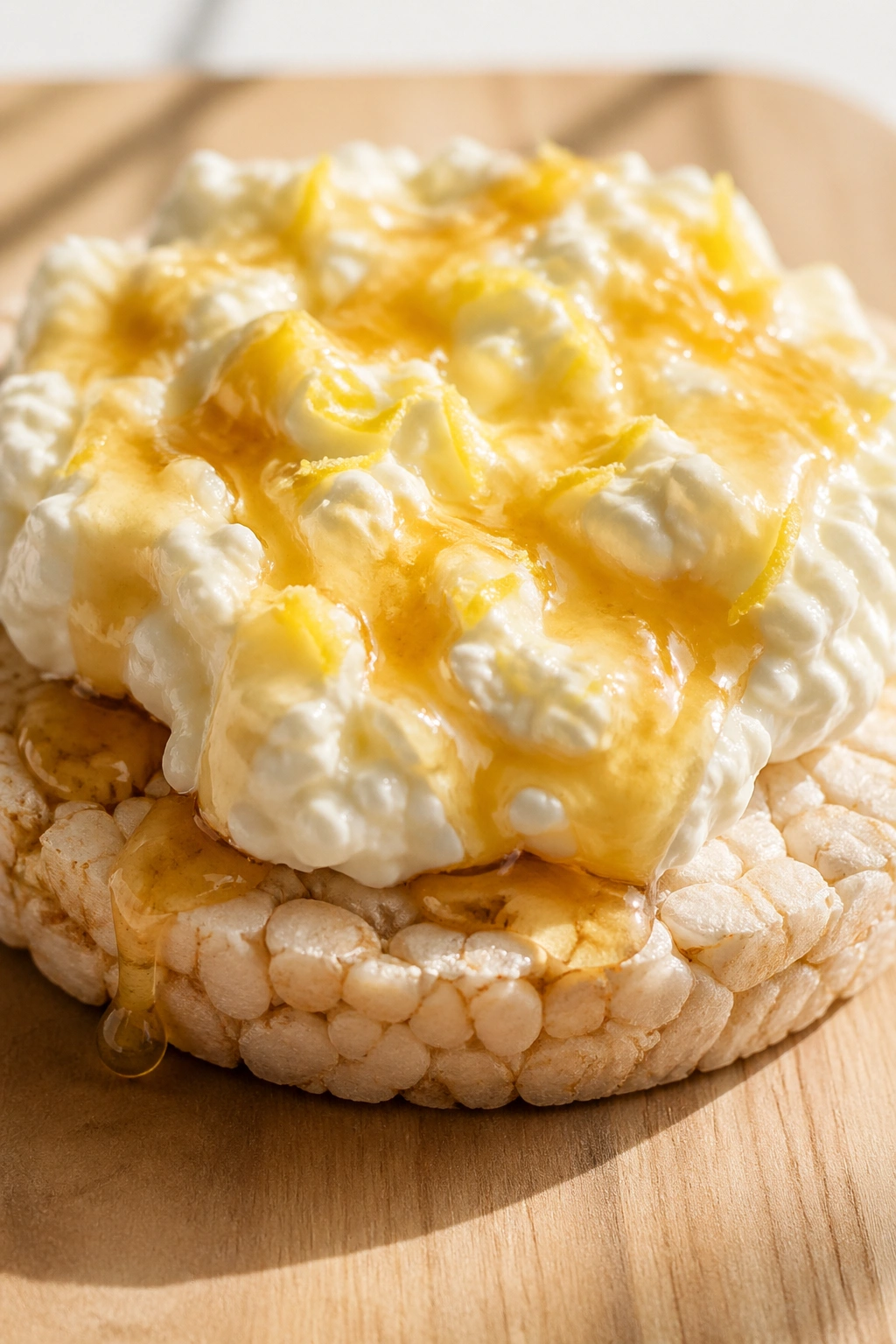 Rice cake topped with ricotta, honey drizzle, and lemon zest