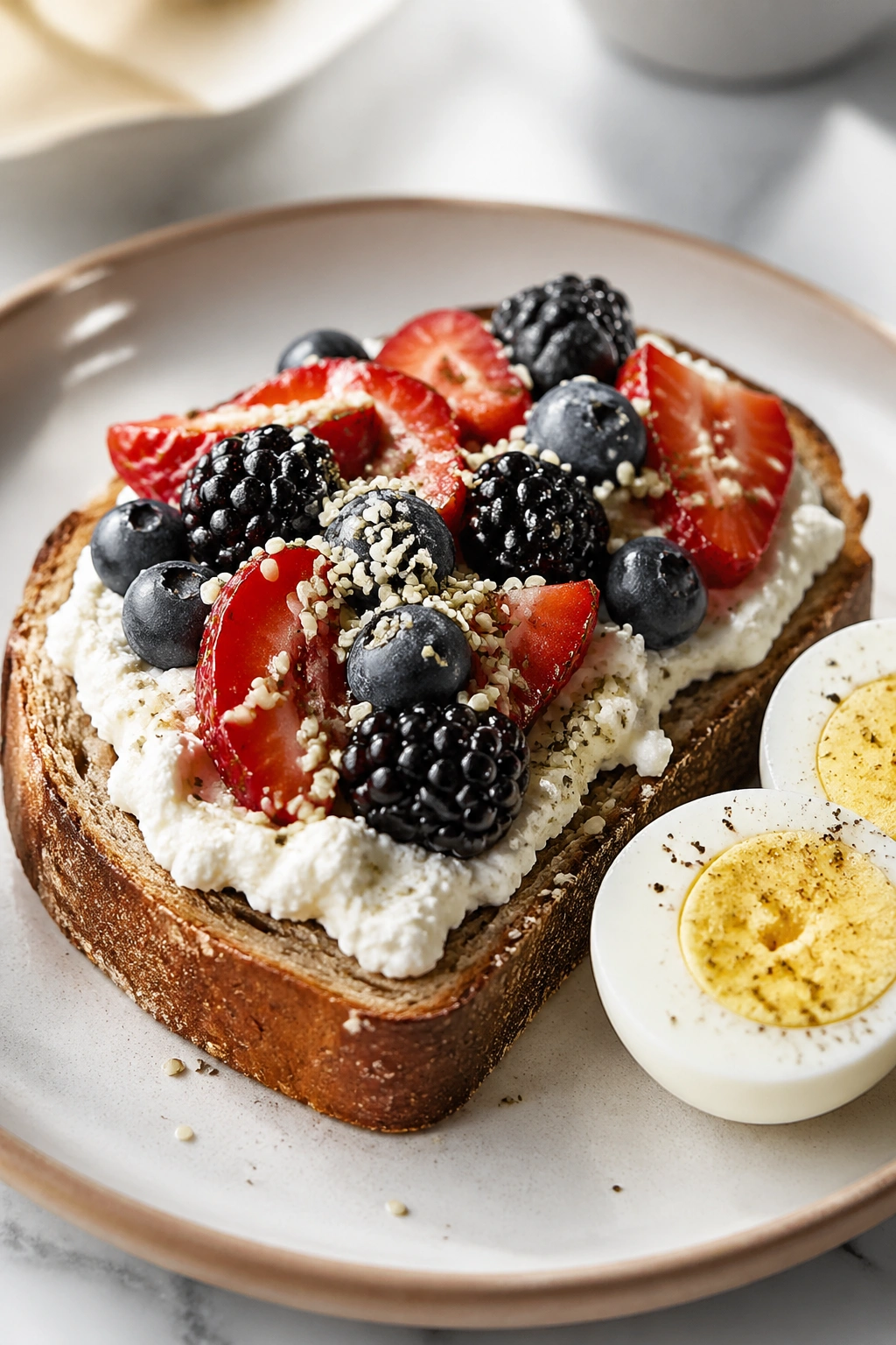 Ricotta toast with berries, hemp hearts, and a boiled egg for breakfast