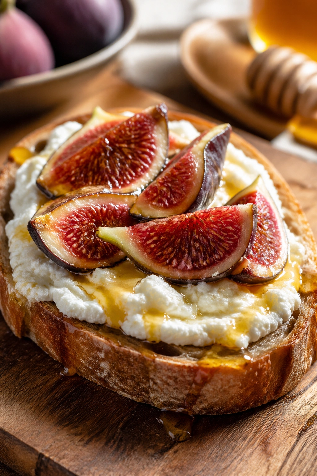 Ricotta toast with figs and honey on a wooden board