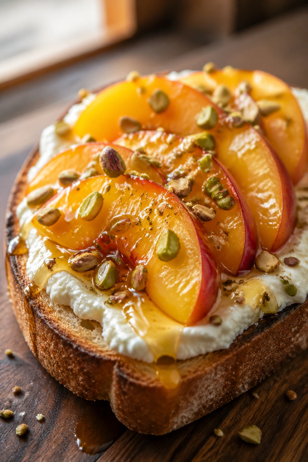 Close-up of ricotta toast with peach slices and honey on a wooden board