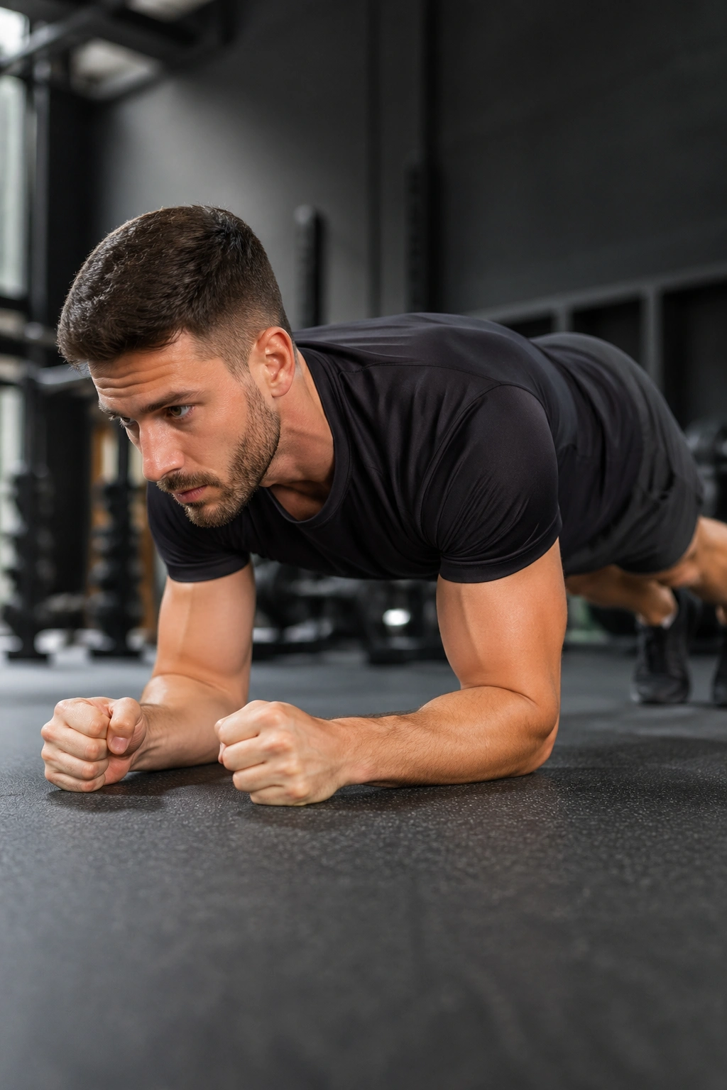 Close-up of a person in RKC Plank showing maximal tension