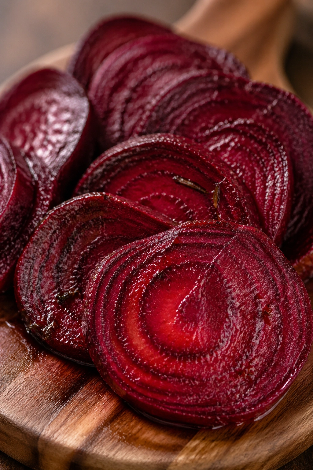 Roasted beet slices on a wooden board