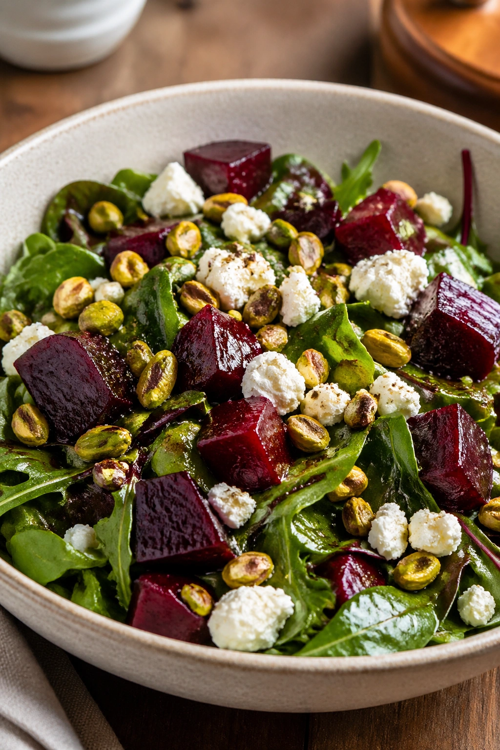 Close-up of roasted beet and goat cheese salad with pistachios in a bowl.