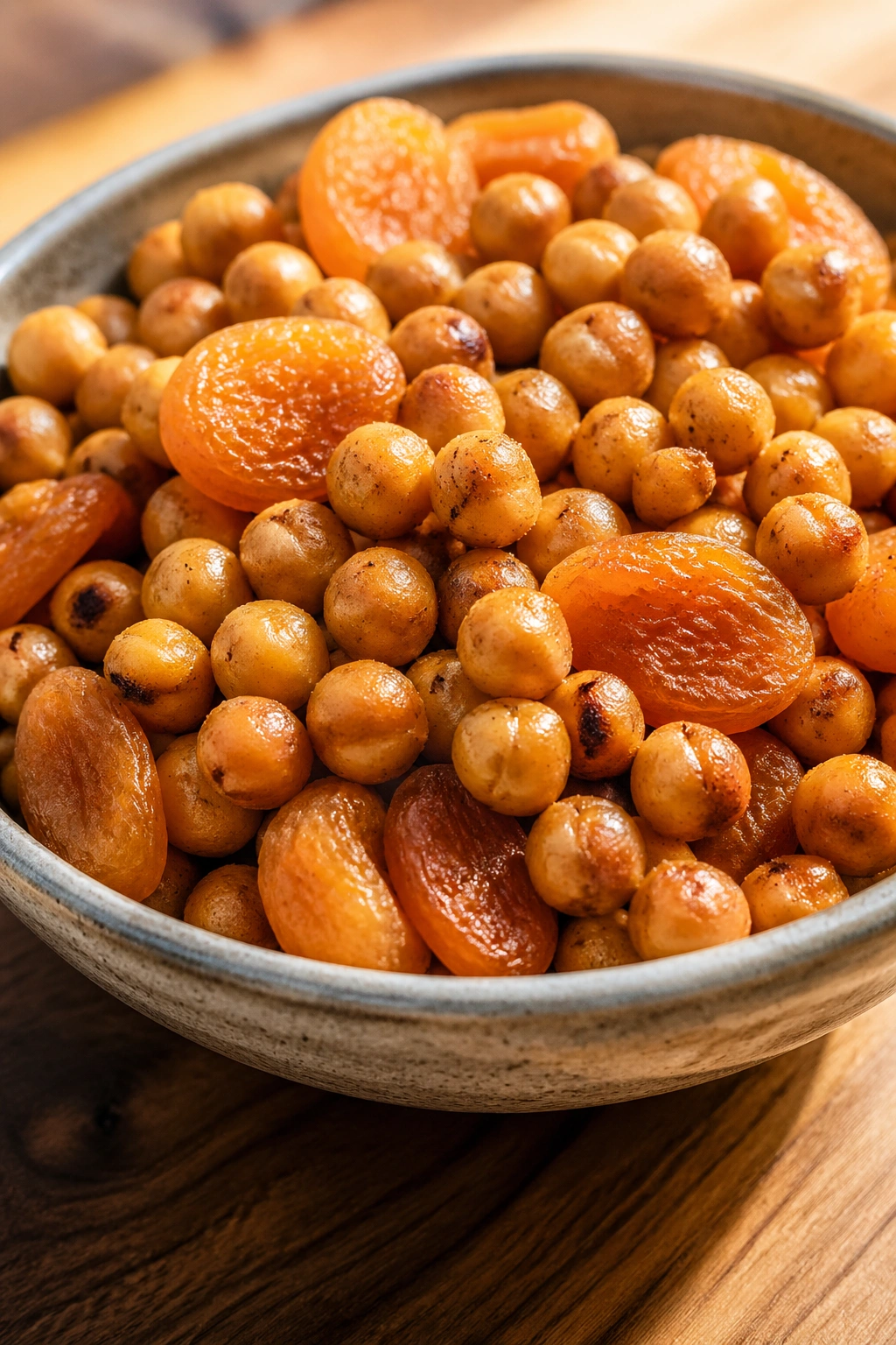 Roasted chickpeas with dried apricots in a bowl on a kitchen counter