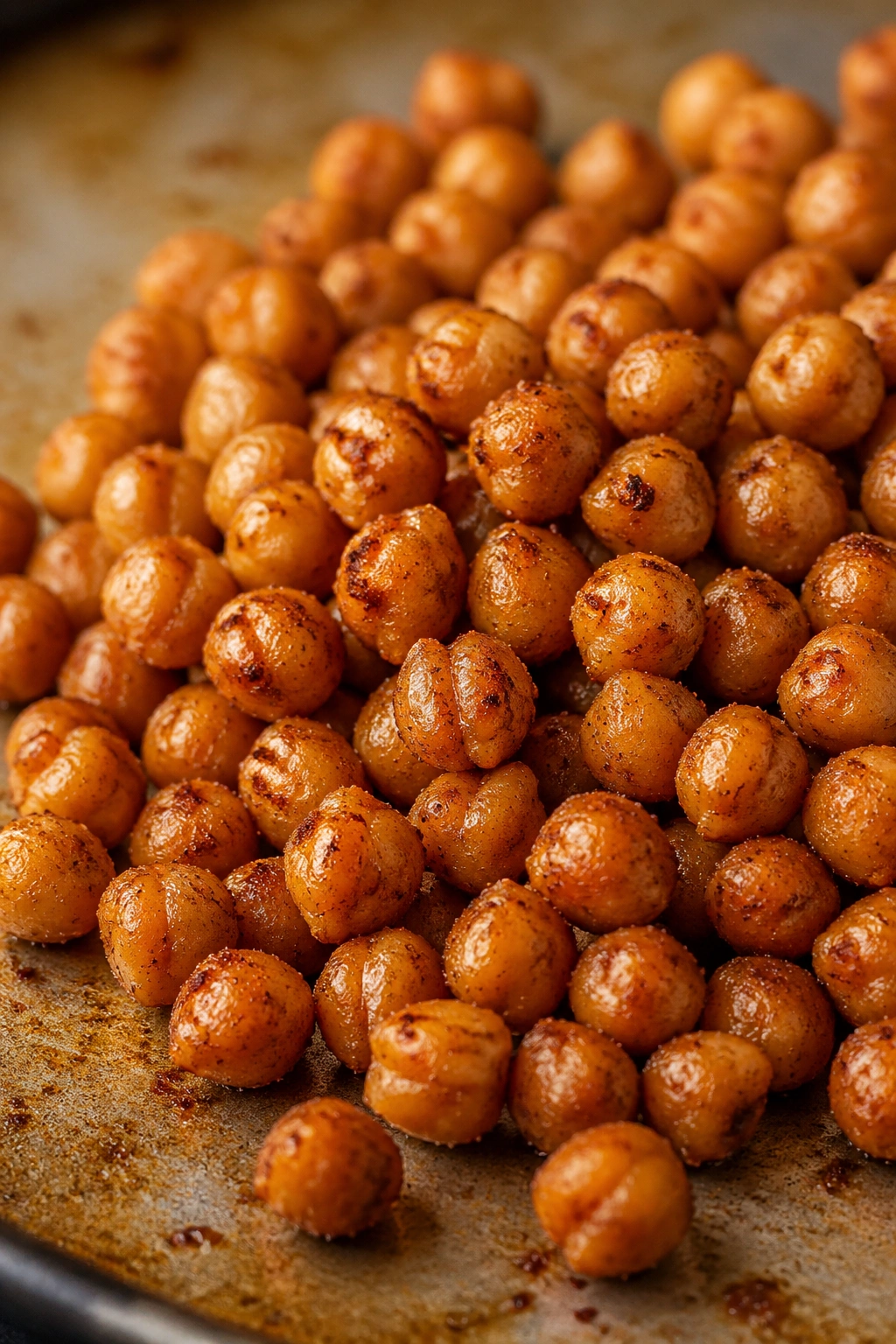 Close-up of crispy roasted chickpeas on a baking sheet