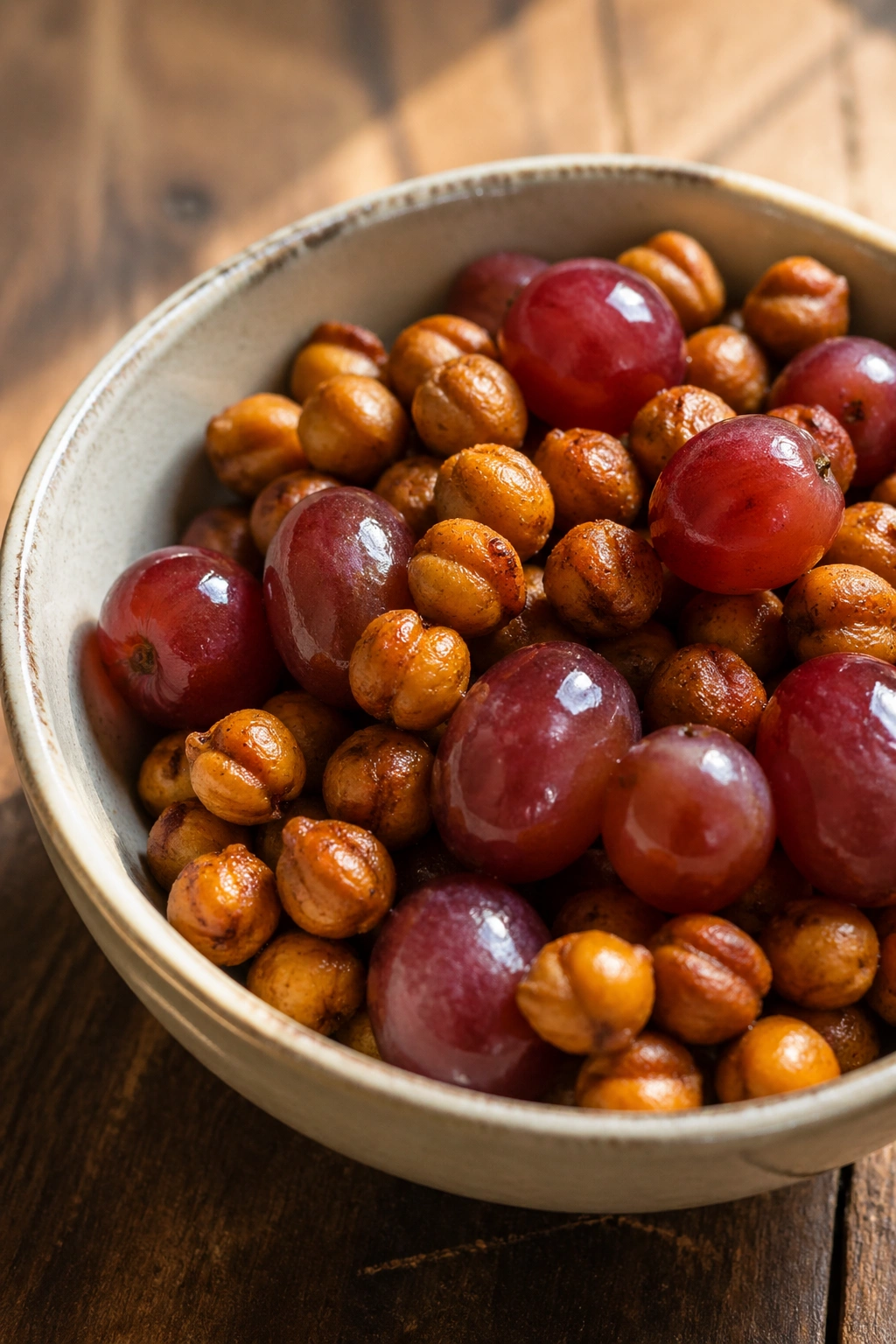 Close-up of roasted chickpeas and grapes in a ceramic bowl on a wooden table
