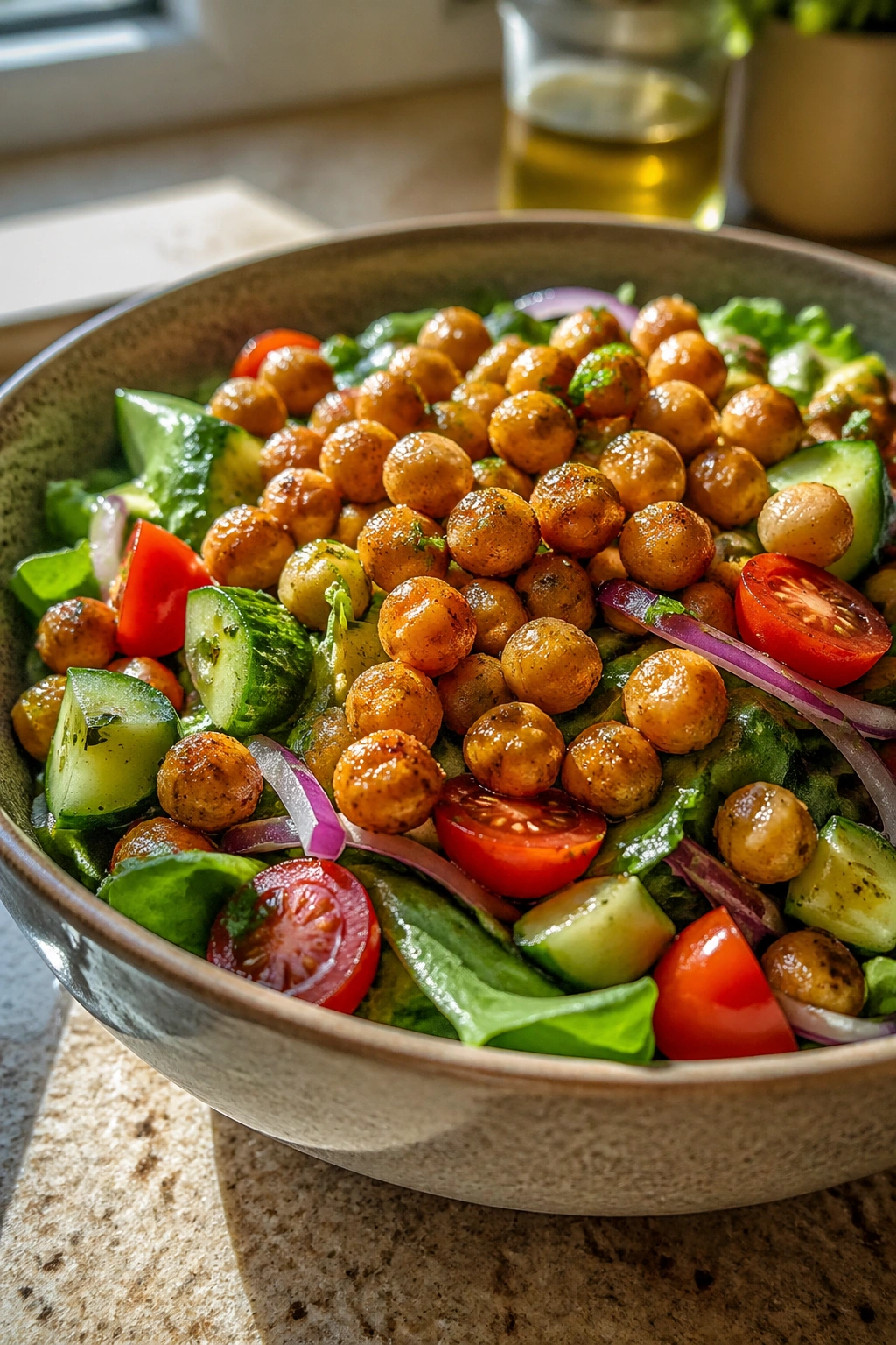 Close-up of a bowl of roasted chickpea salad with greens and lemon vinaigrette