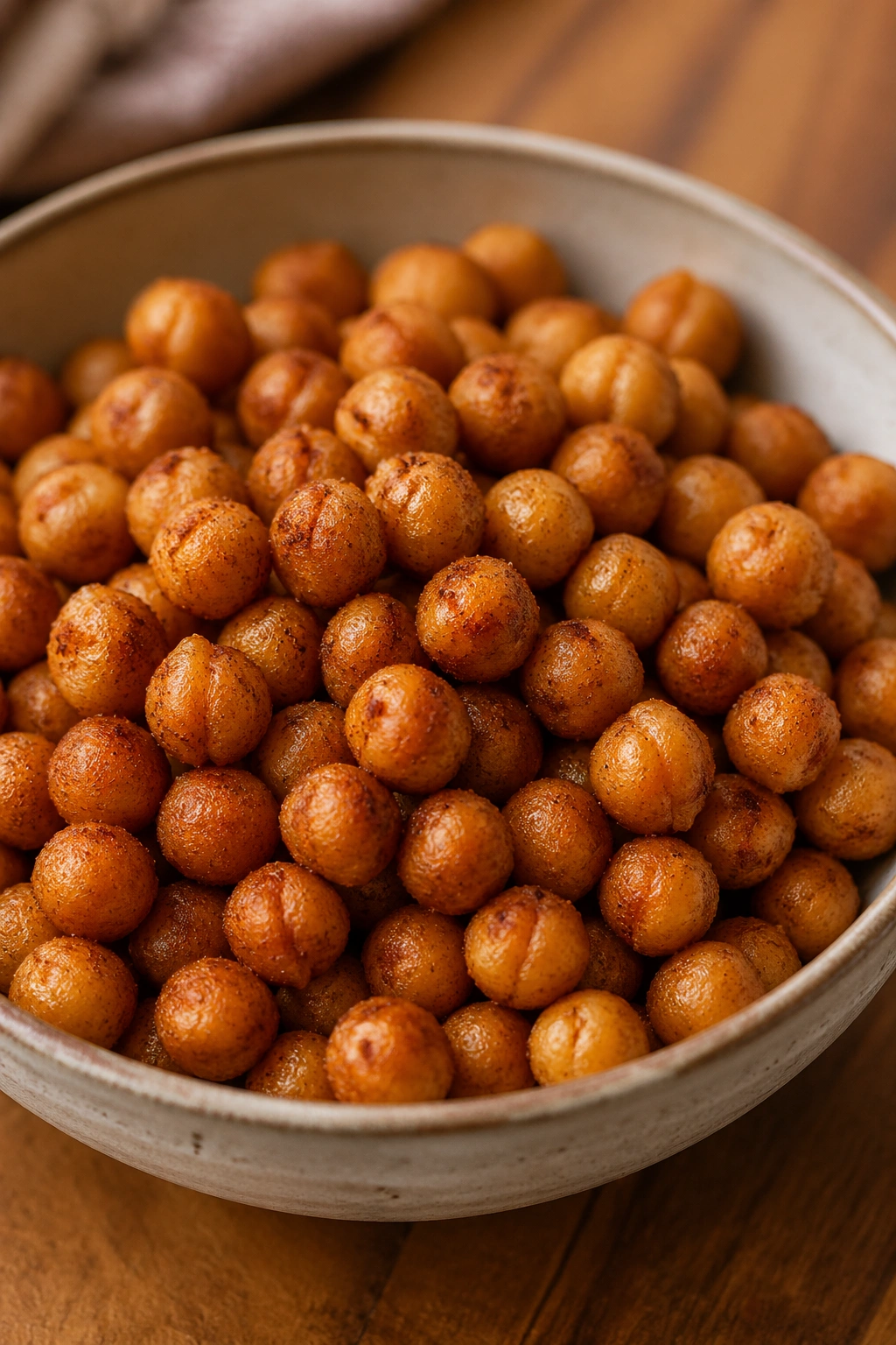 Close-up of crispy roasted chickpeas in a bowl on a kitchen counter