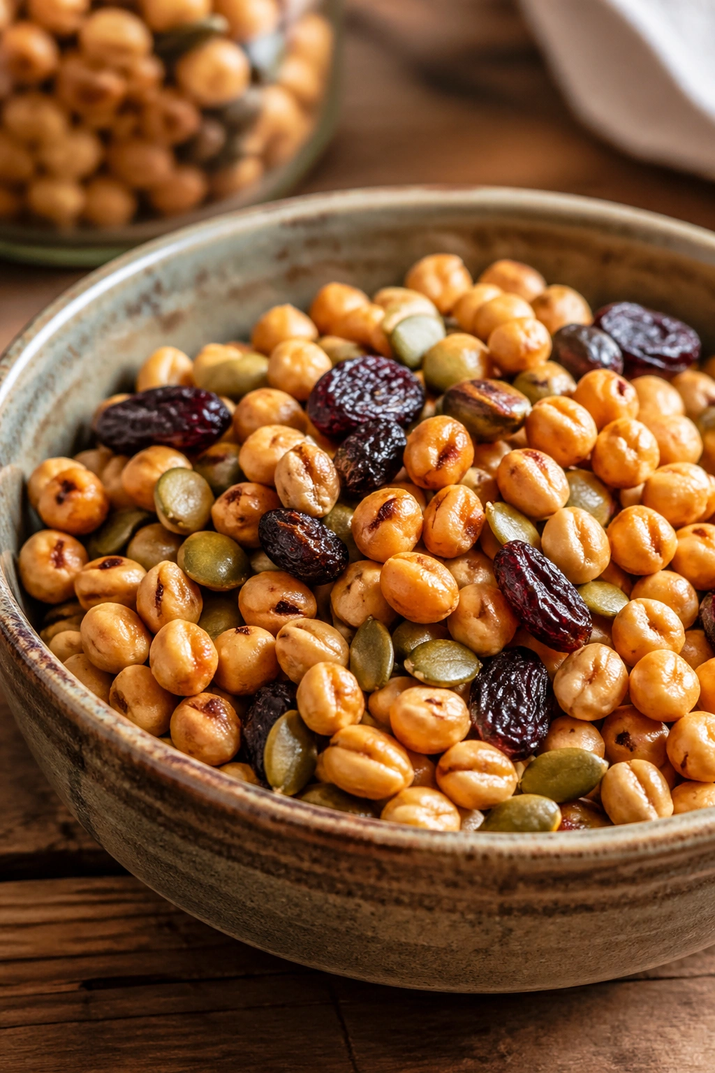 Close-up of roasted soy nuts trail mix in a bowl
