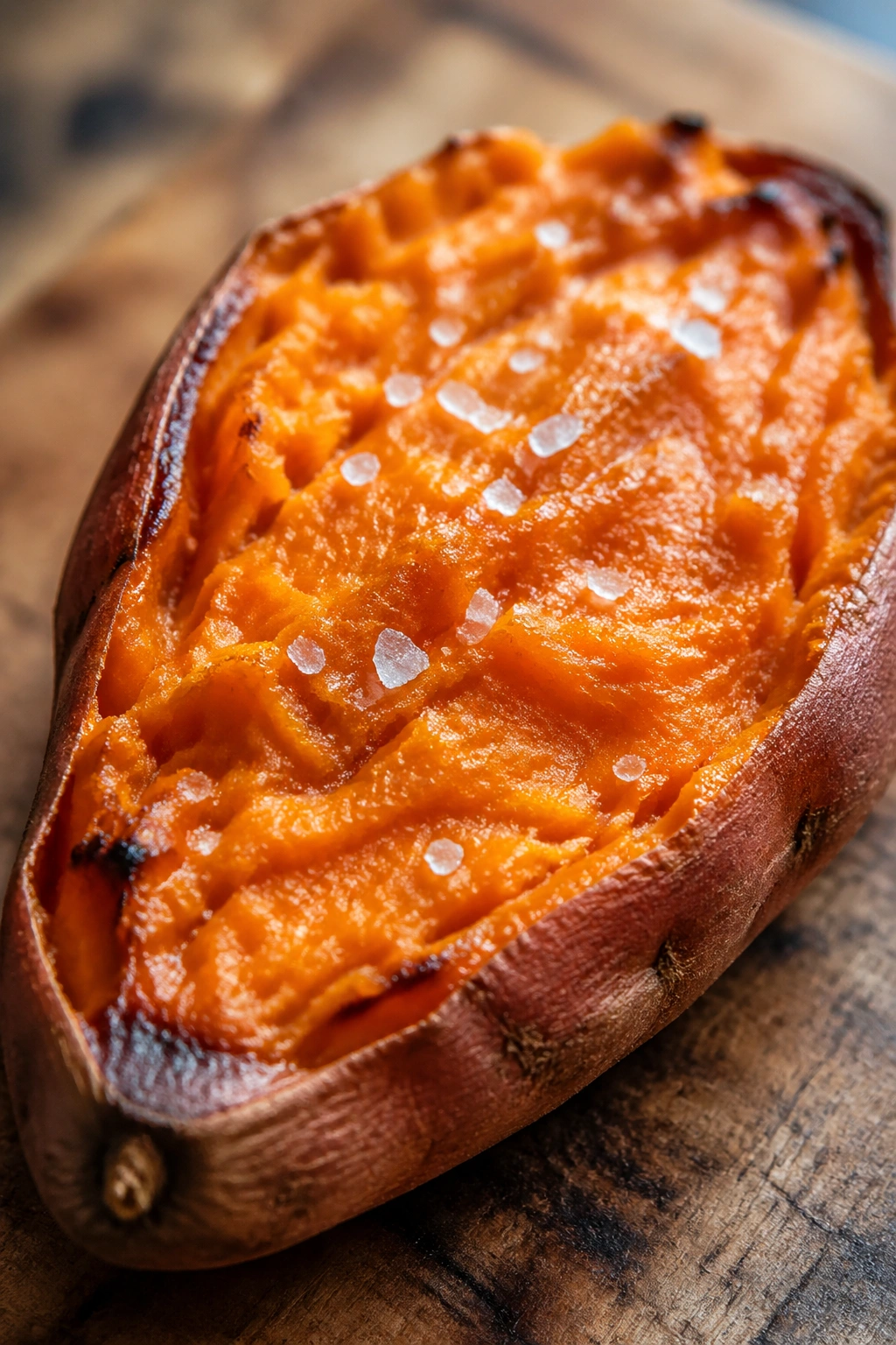 Close-up of a roasted sweet potato half with sea salt on a wooden board