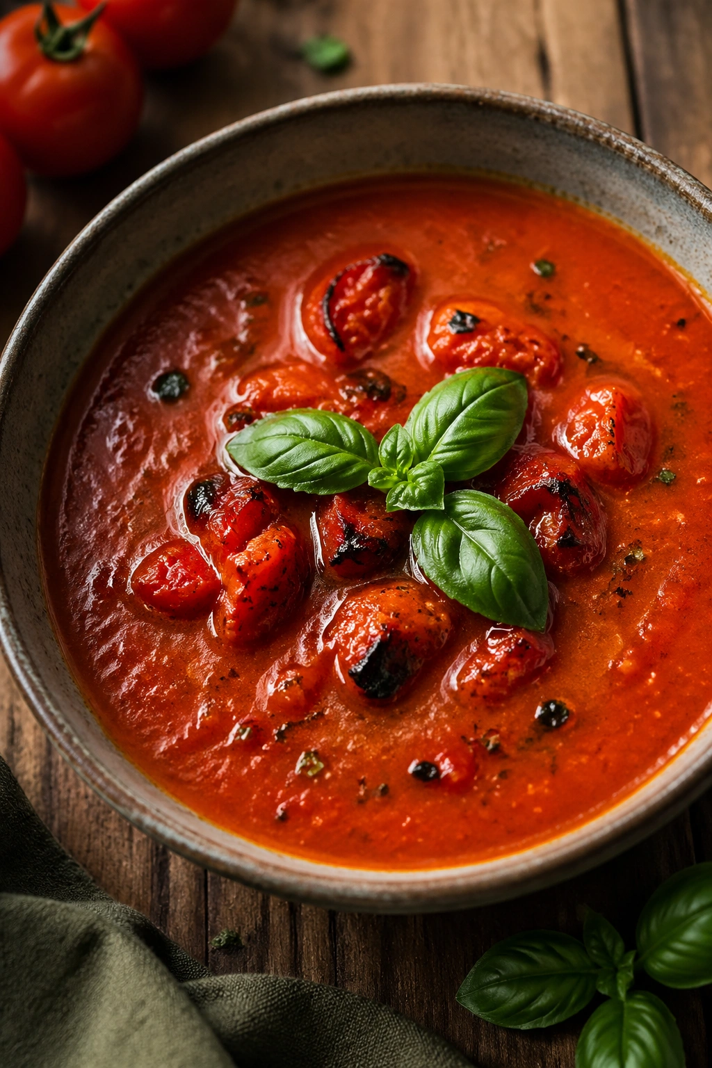 Close-up of roasted tomato soup with basil on top
