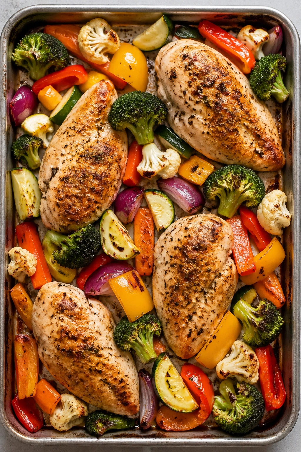 Sheet pan with roasted vegetables and lean chicken filling the frame