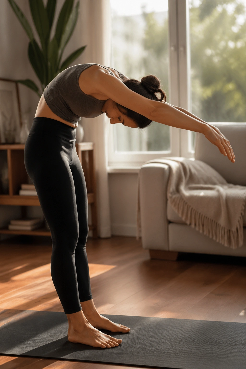 Person on a mat performing roll-down and roll-up in a sunlit home setting.