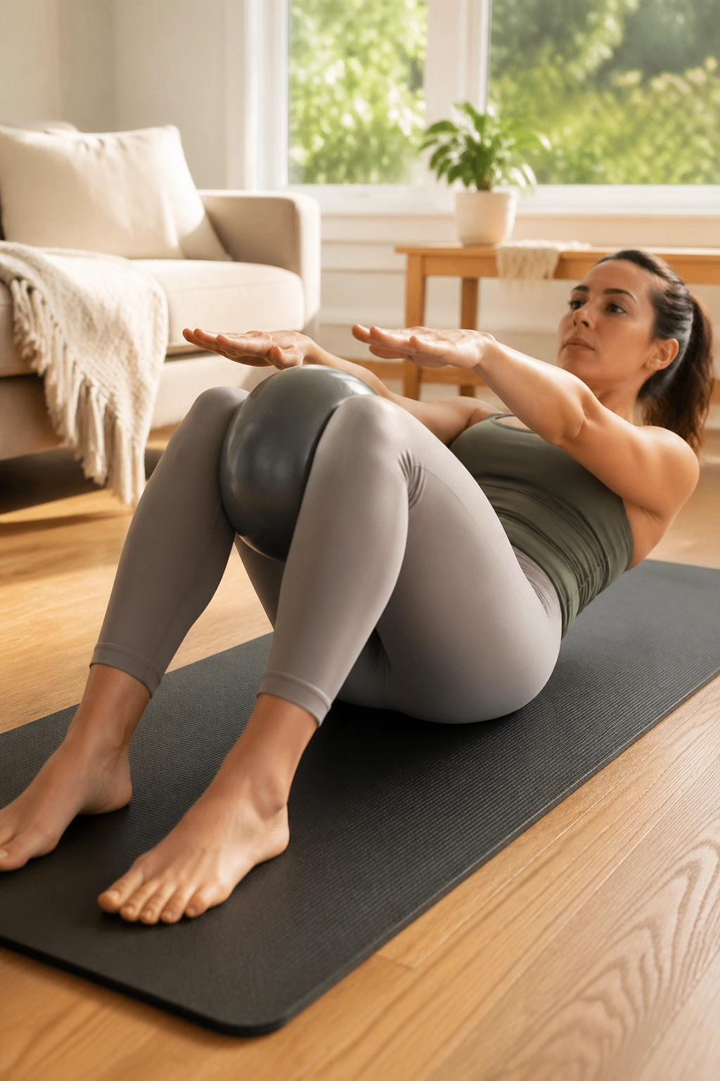 Close-up of roll-ups with ball between the thighs during Pilates