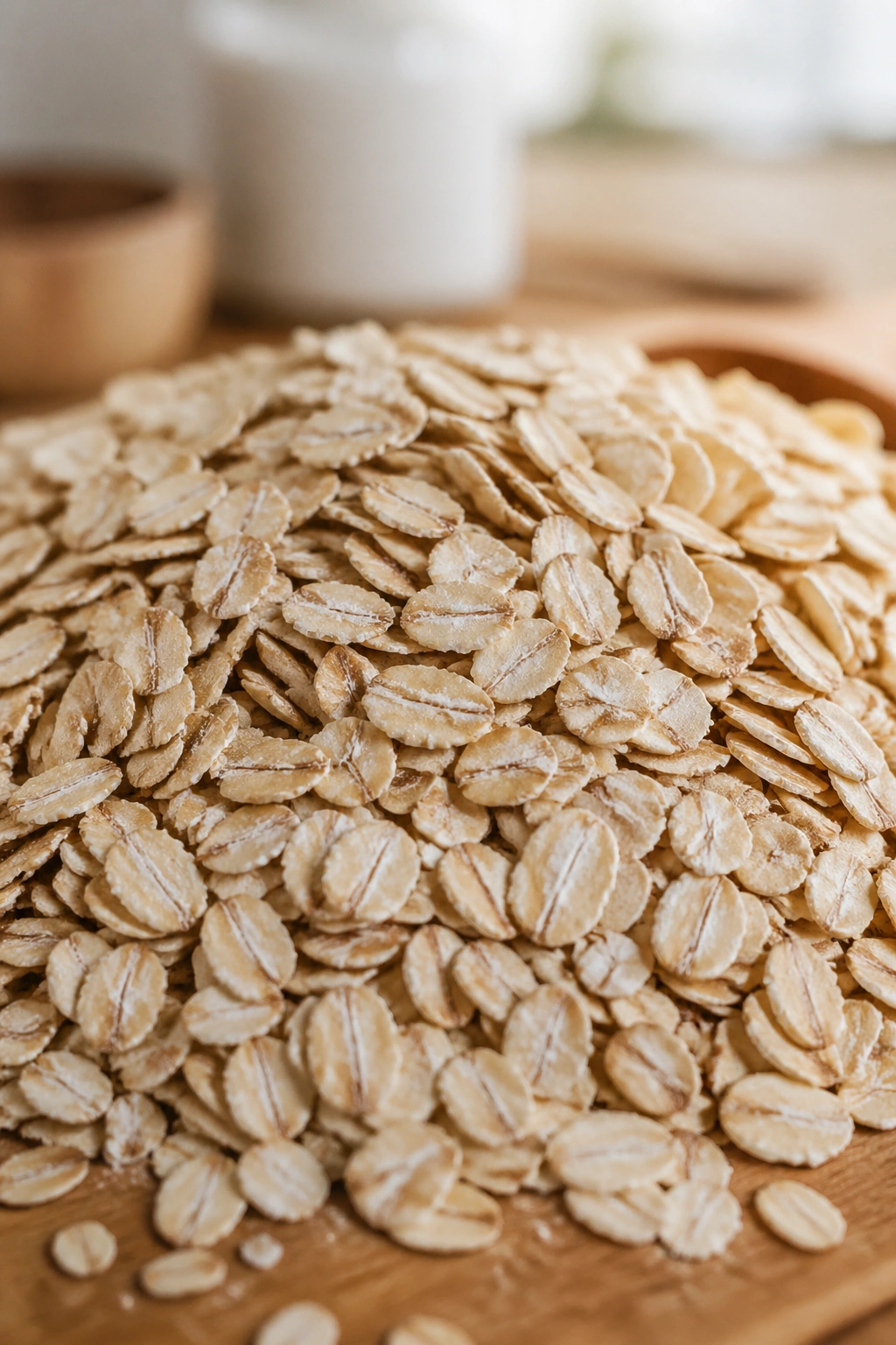 Close-up of a mound of rolled oats on wood surface