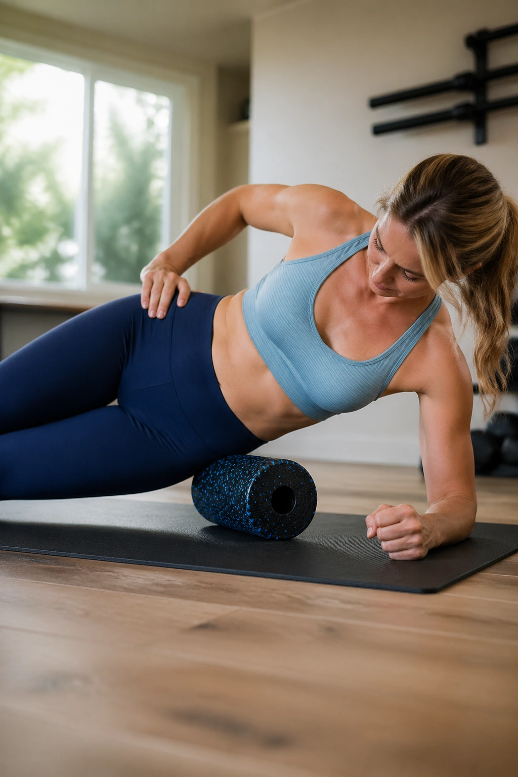 Close-up of side-lying hip roll on foam roller under the outer hip