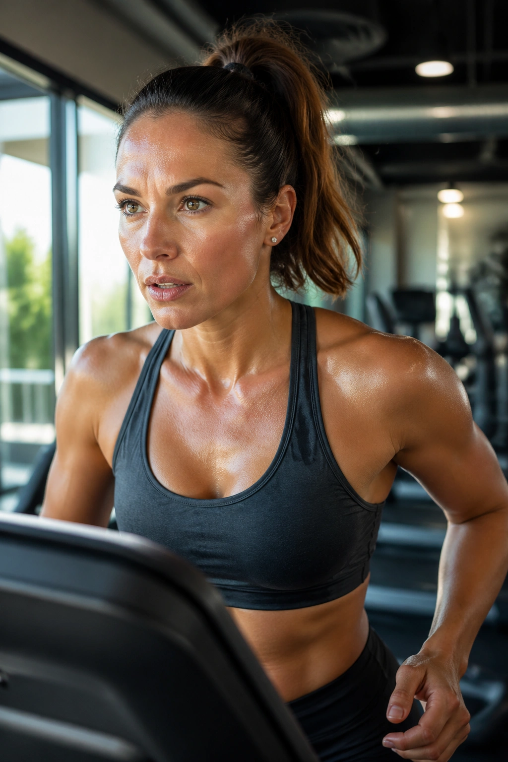 Close-up of a fit person on a treadmill in a gym, focused during incline training