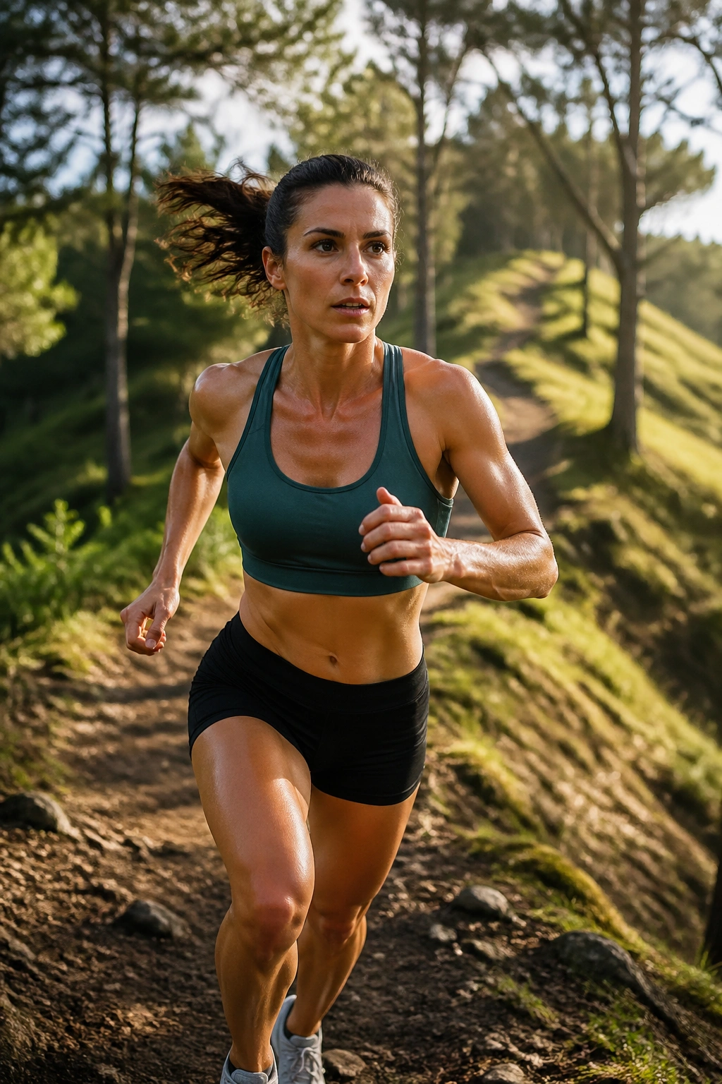Close-up of a runner on a rolling forest trail showing steady effort on hills