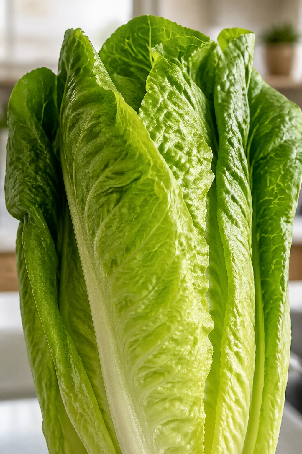 Close-up of romaine lettuce head with crisp leaves