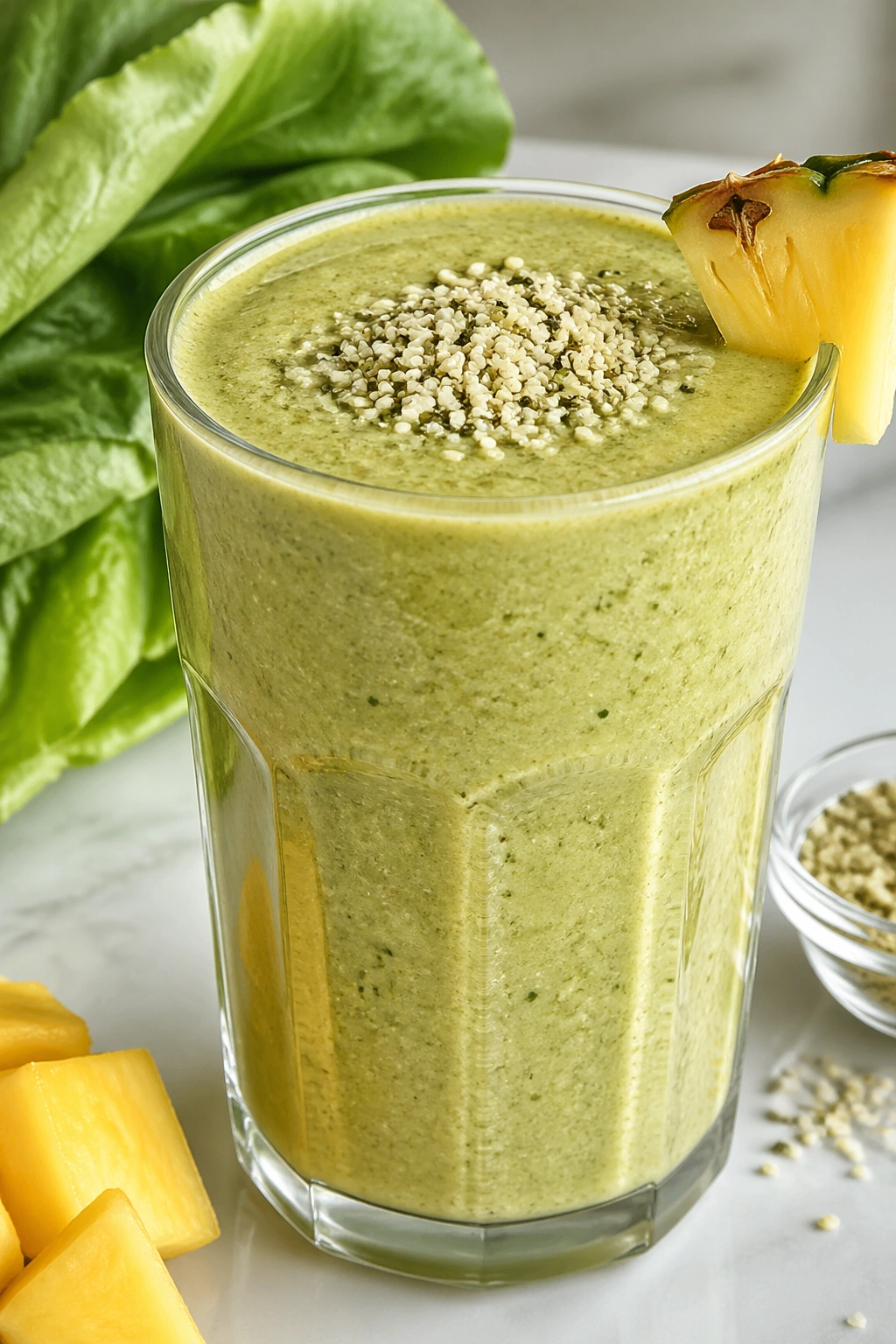 Romaine-based smoothie with pineapple in glass.