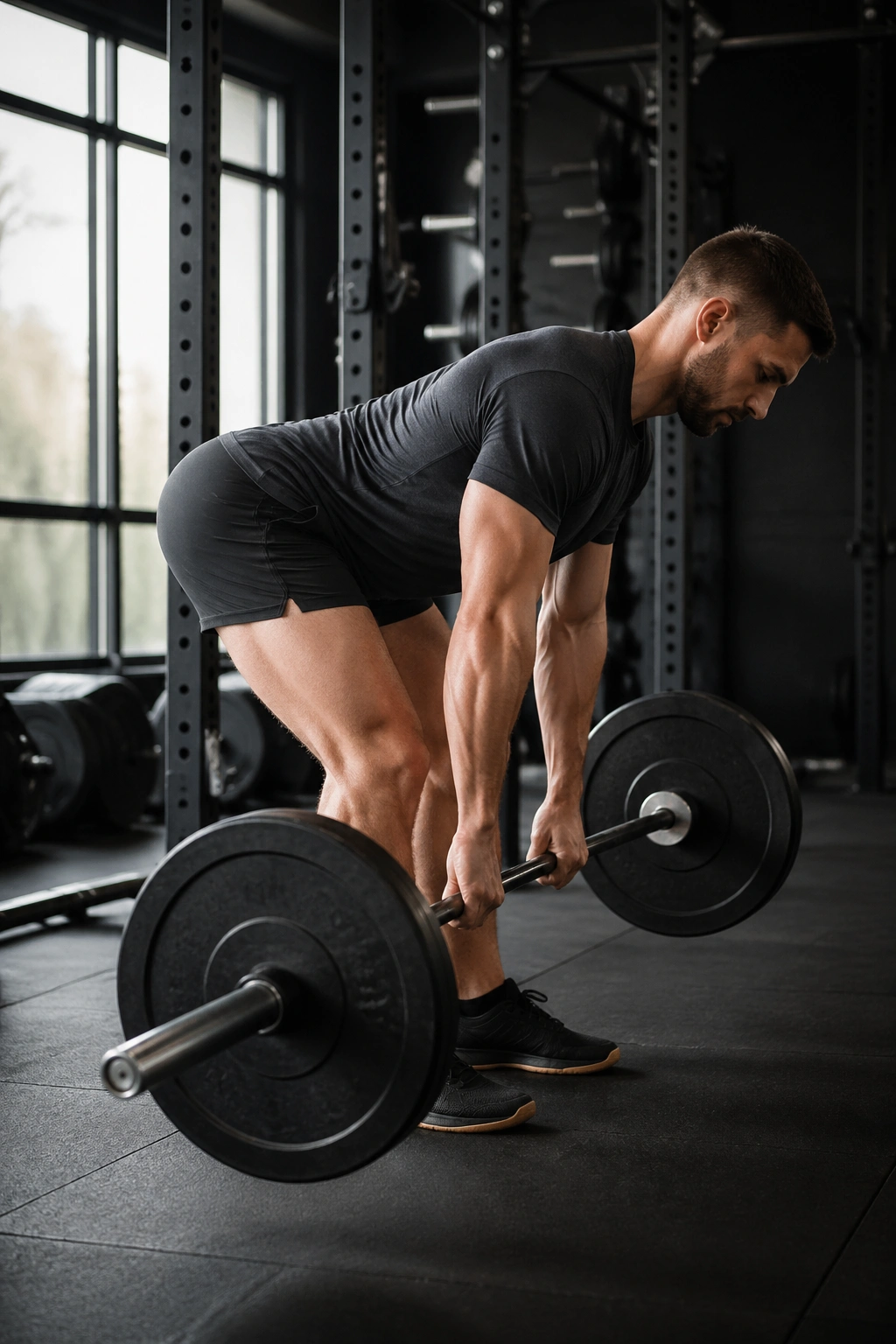 Lifter performing Romanian Deadlift with a neutral spine and bar close to the legs