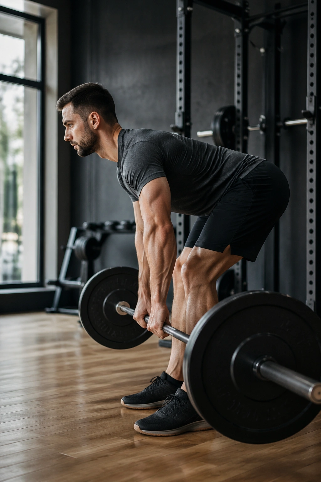 Profile view of a man performing Romanian deadlift with barbell in gym