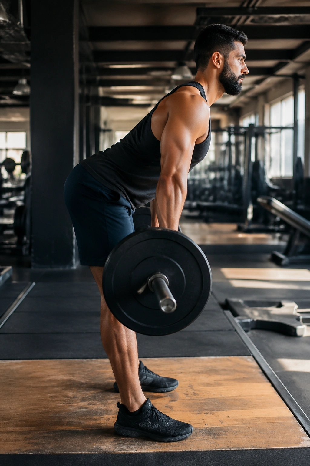Side view of lifter executing Romanian deadlift with barbell near the thighs