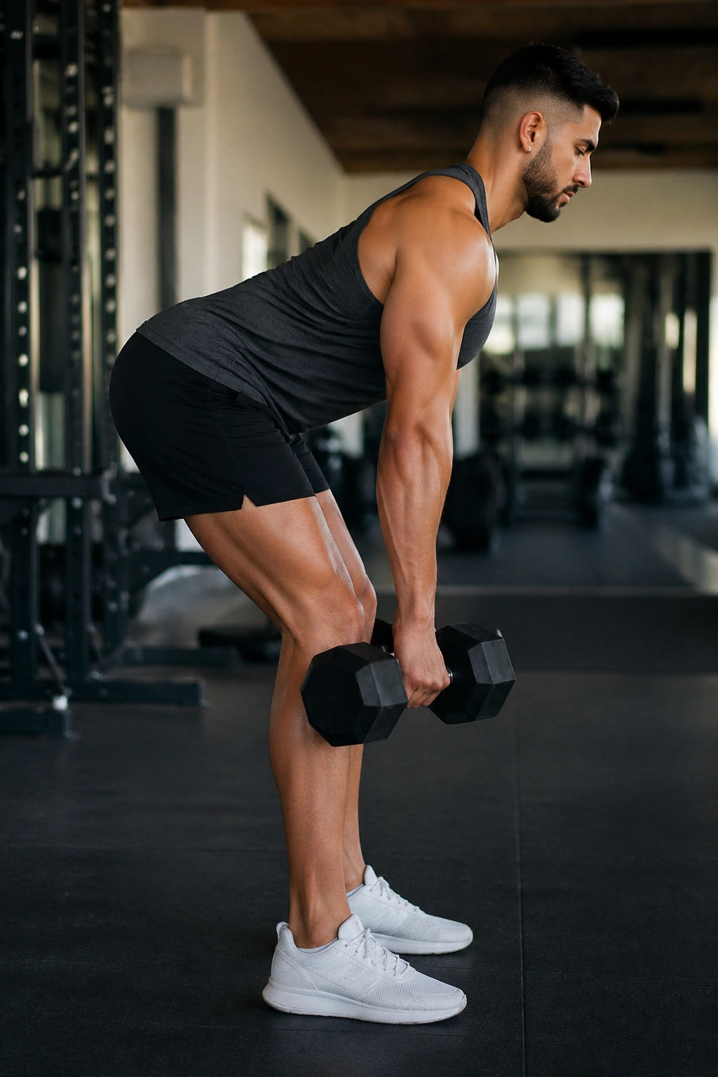 Side-profile of Romanian deadlift showing hip hinge and posterior chain engagement