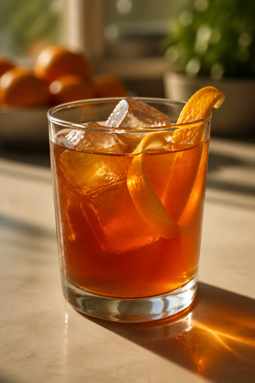 Glass of rooibos acv iced tea with orange peel.
