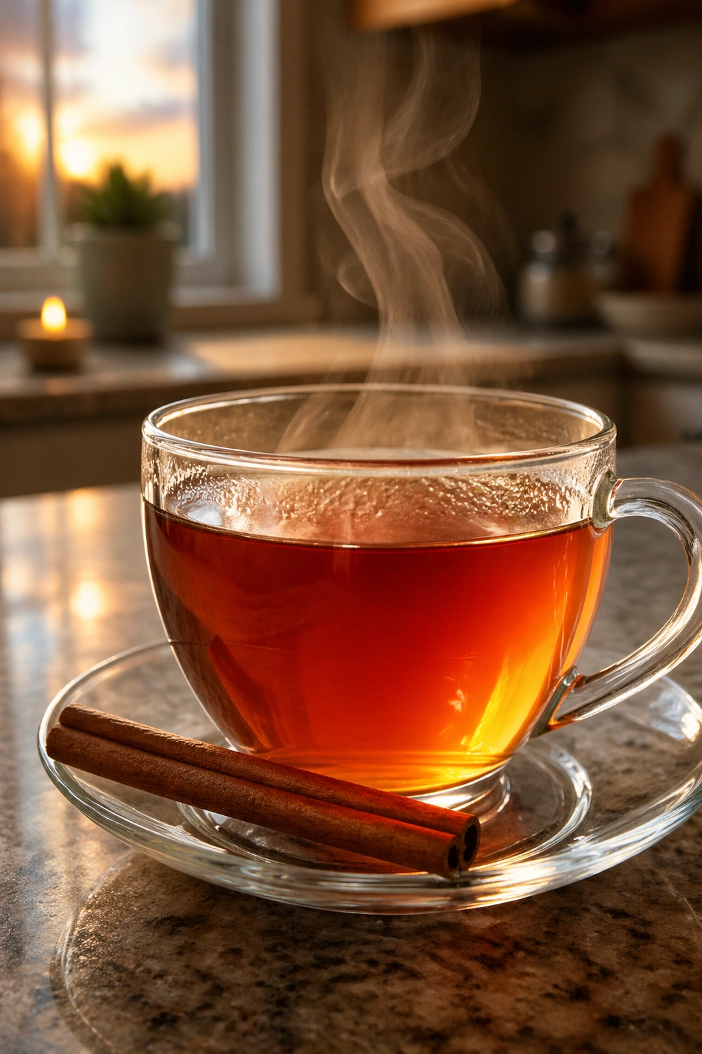 Close-up of a steaming rooibos tea mug with cinnamon on a warm kitchen table