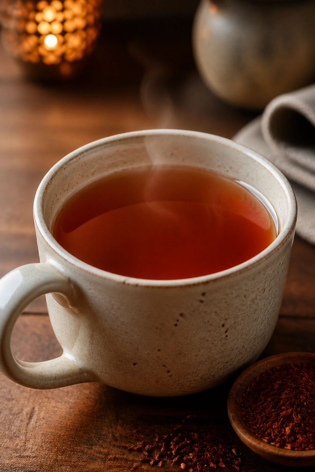 Close-up of rooibos tea in a ceramic mug on a cozy kitchen table