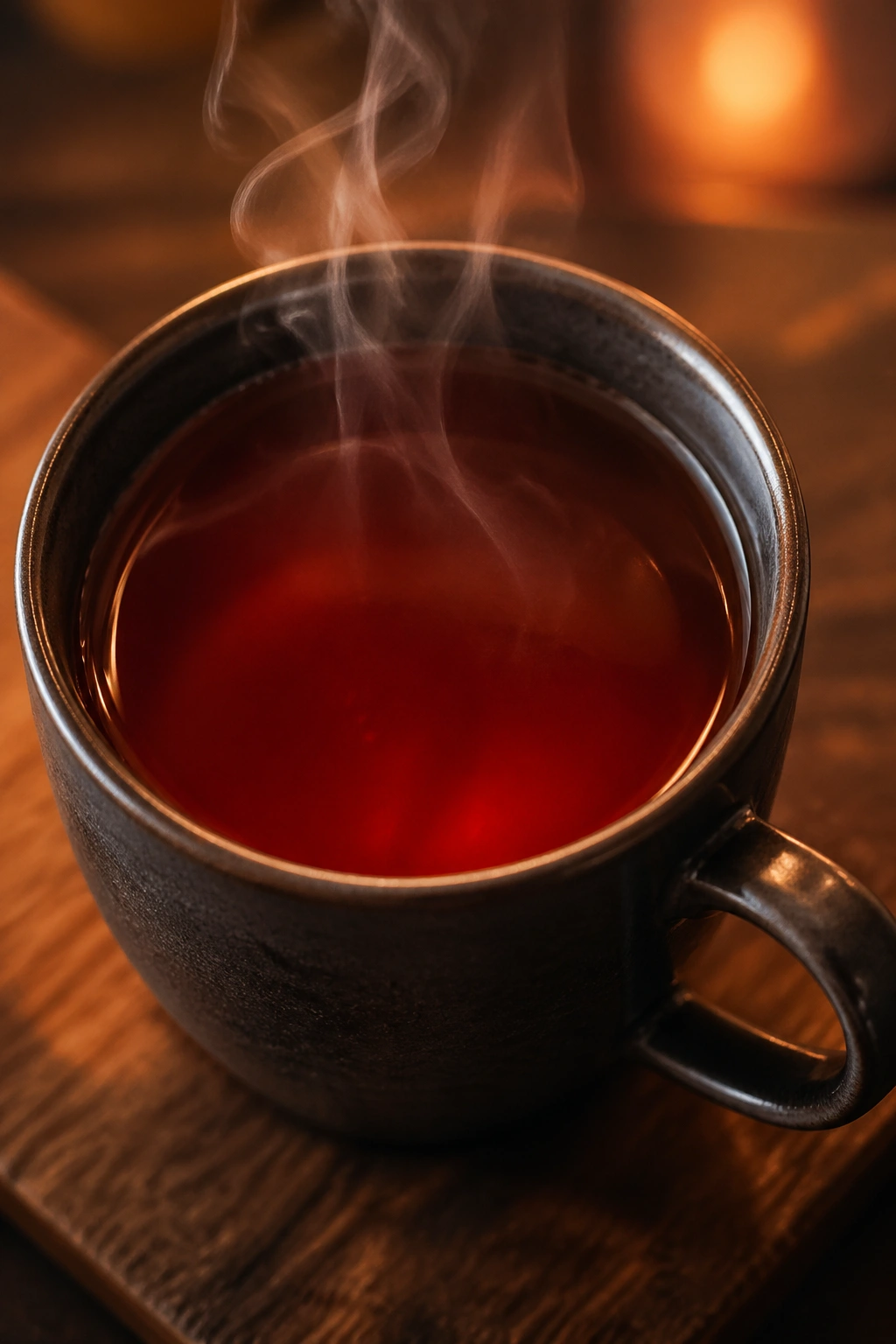 Close-up of rooibos tea in a dark mug under warm light