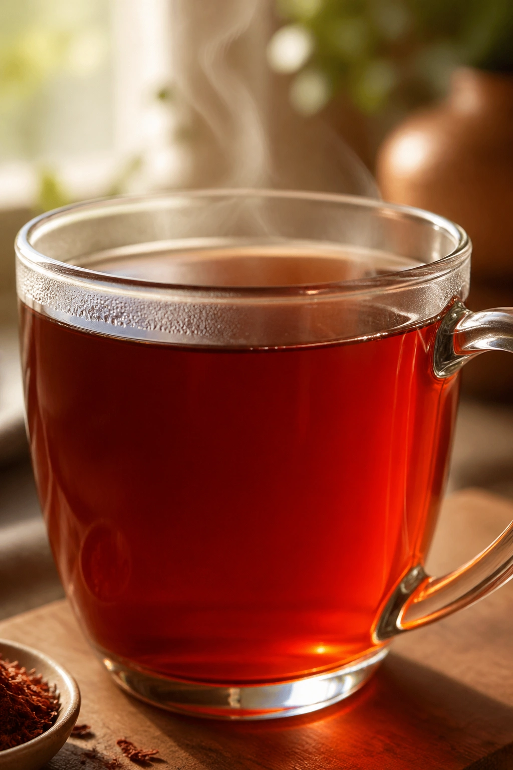 Close-up of a steaming mug of unsweetened rooibos tea