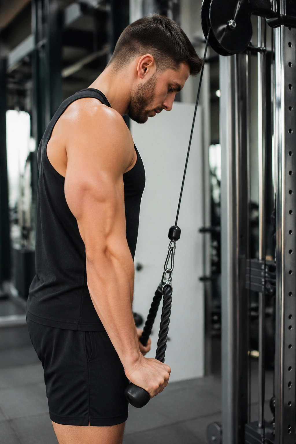 Real person pushing down a rope on a cable machine with elbows pinned to the sides