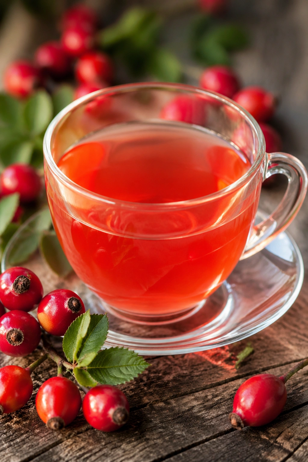 Close-up of rosehip tea in a glass cup with rosehips around.
