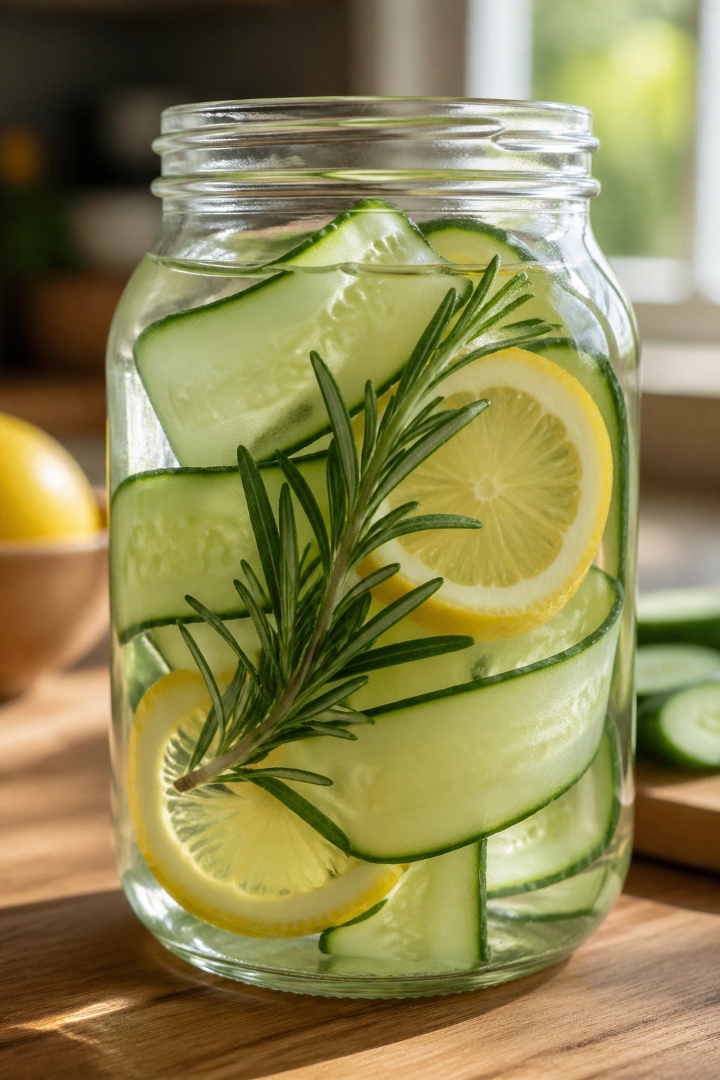 Close-up of rosemary lemon cucumber water in a glass jar on a wooden countertop