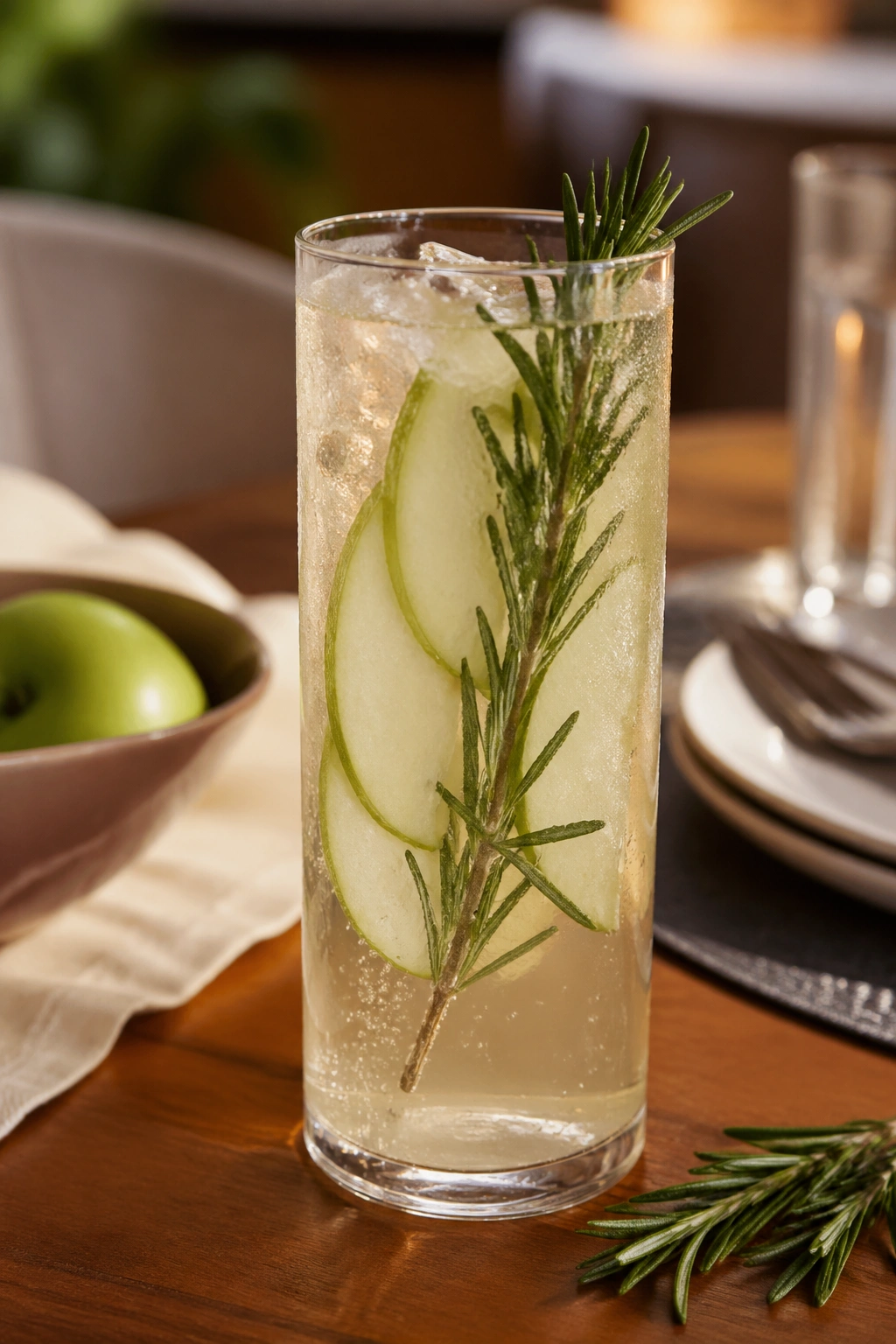 Medium close-up of a Rosemary Green Apple ACV Sparkler with apple slices and rosemary in a sparkling glass.