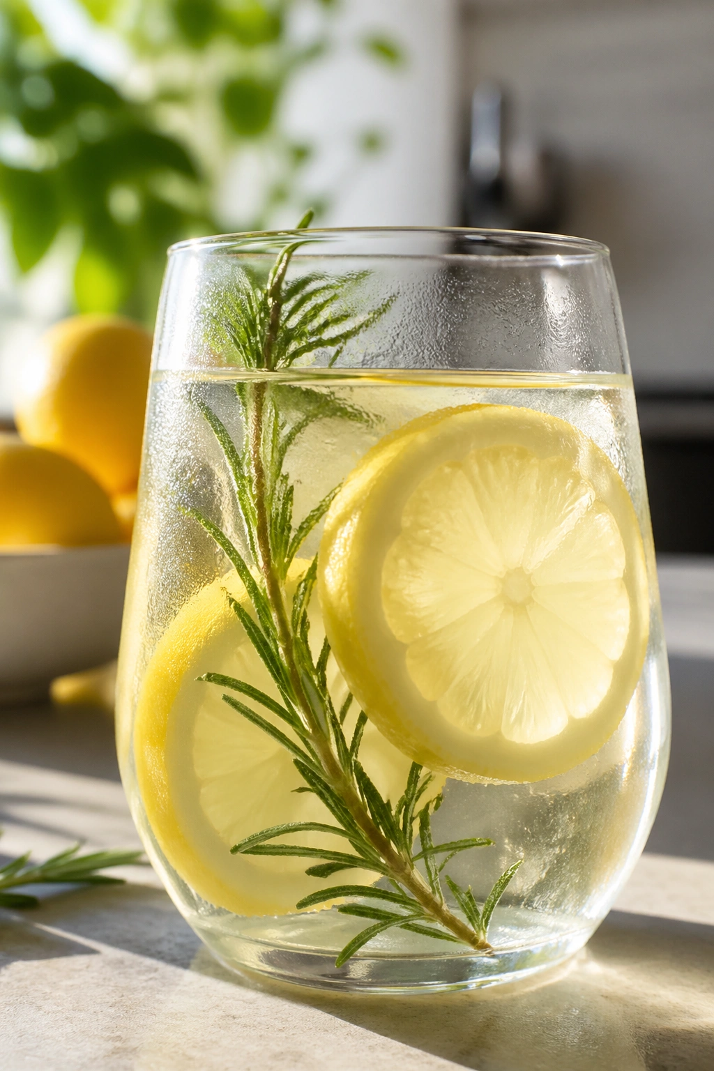 Close-up of rosemary lemon infusion in a glass with rosemary sprig and lemon slices