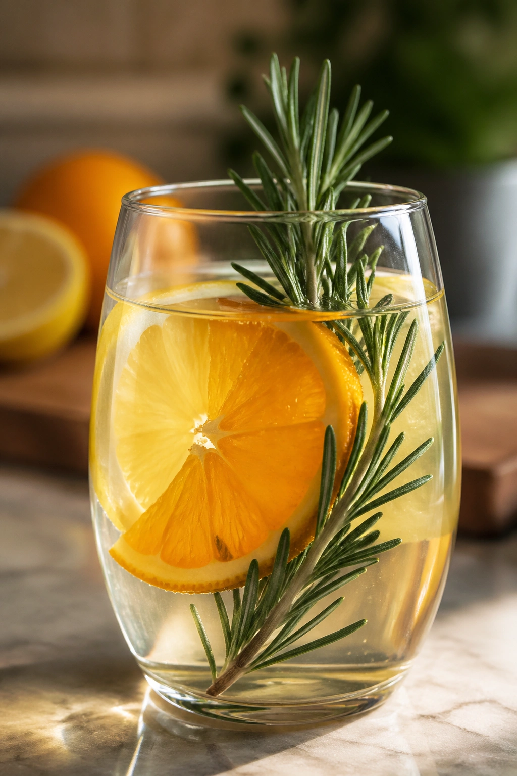 Glass of rosemary orange lemon water with herb and orange slice