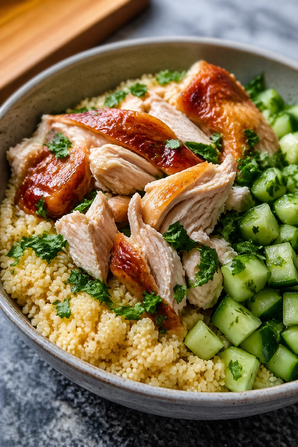Close-up bowl with rotisserie chicken and couscous