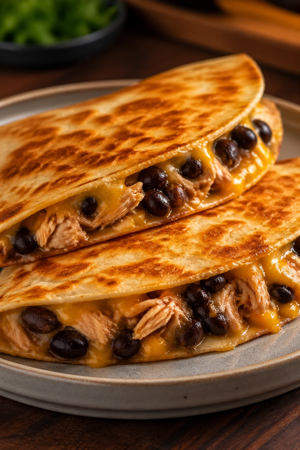 Quesadillas with rotisserie chicken and black beans on a plate