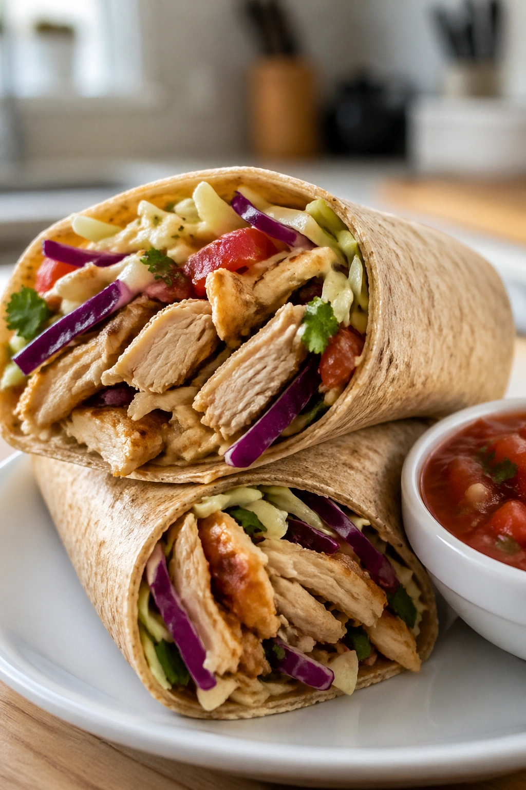 Close-up of rotisserie chicken wrap with salsa slaw
