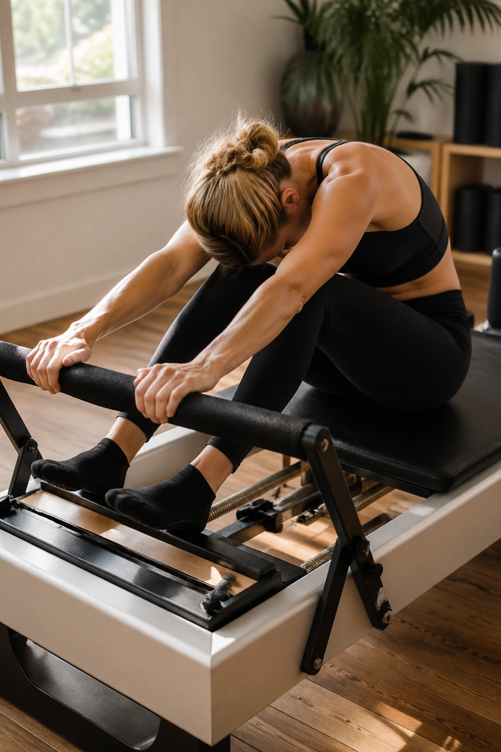 Close-up of Round-Back Knee Stretch Series on a reformer in a cozy home gym