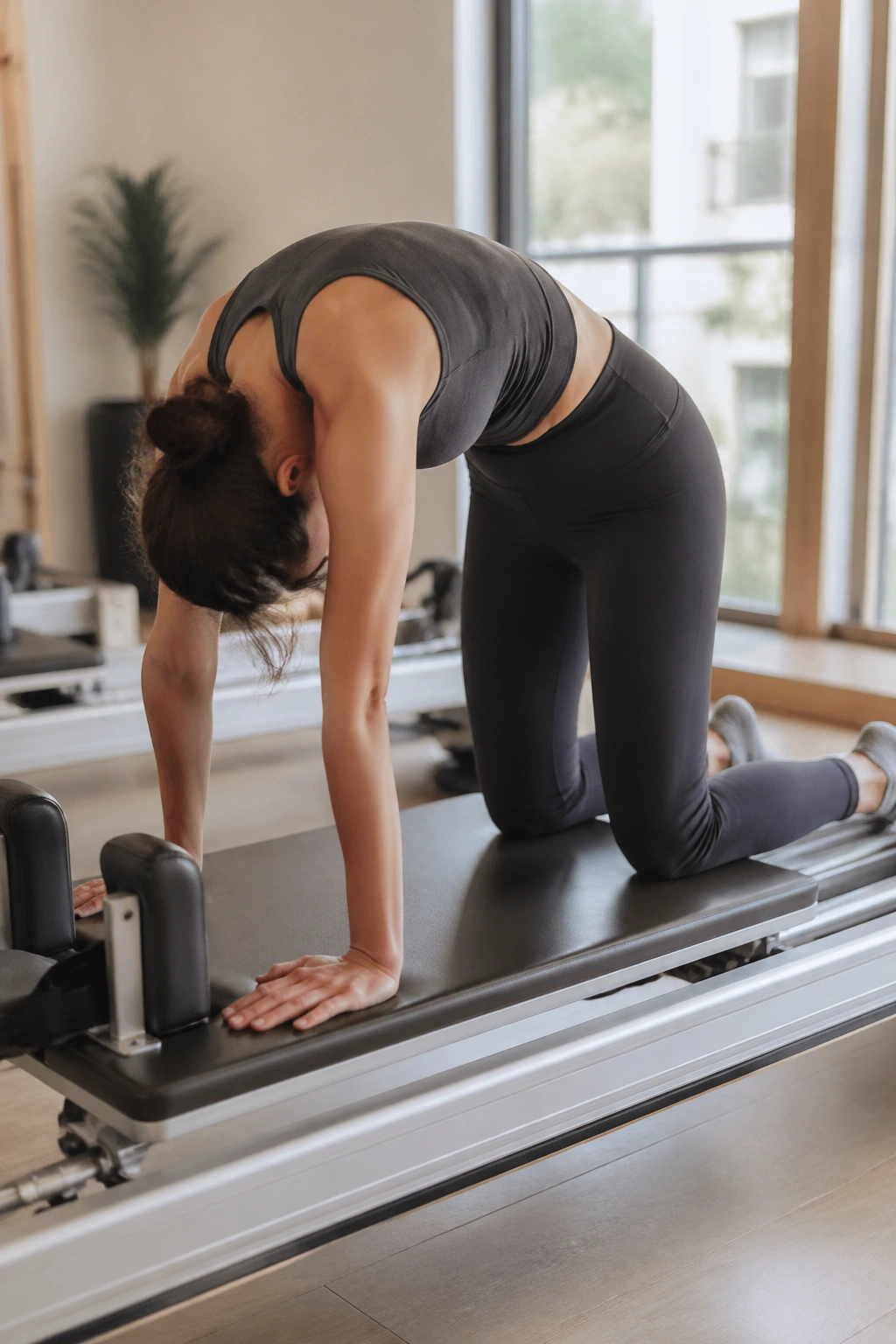 Round-Back Knee Stretches on reformer: person with rounded back and tucked pelvis