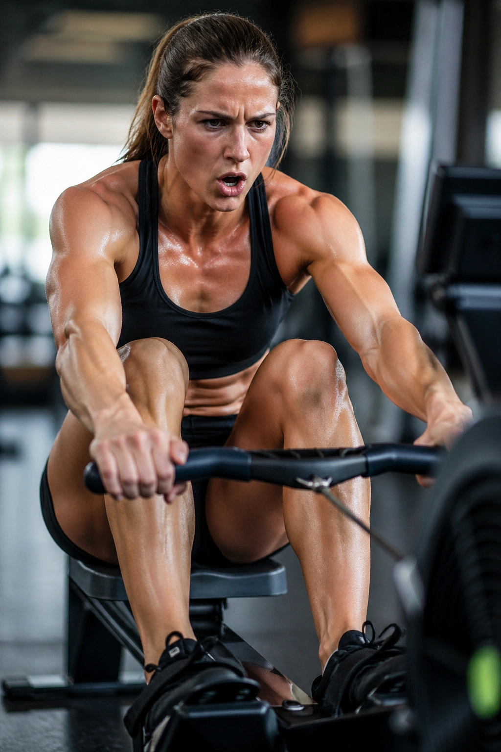Athlete sprinting on a rower in gym during circuit