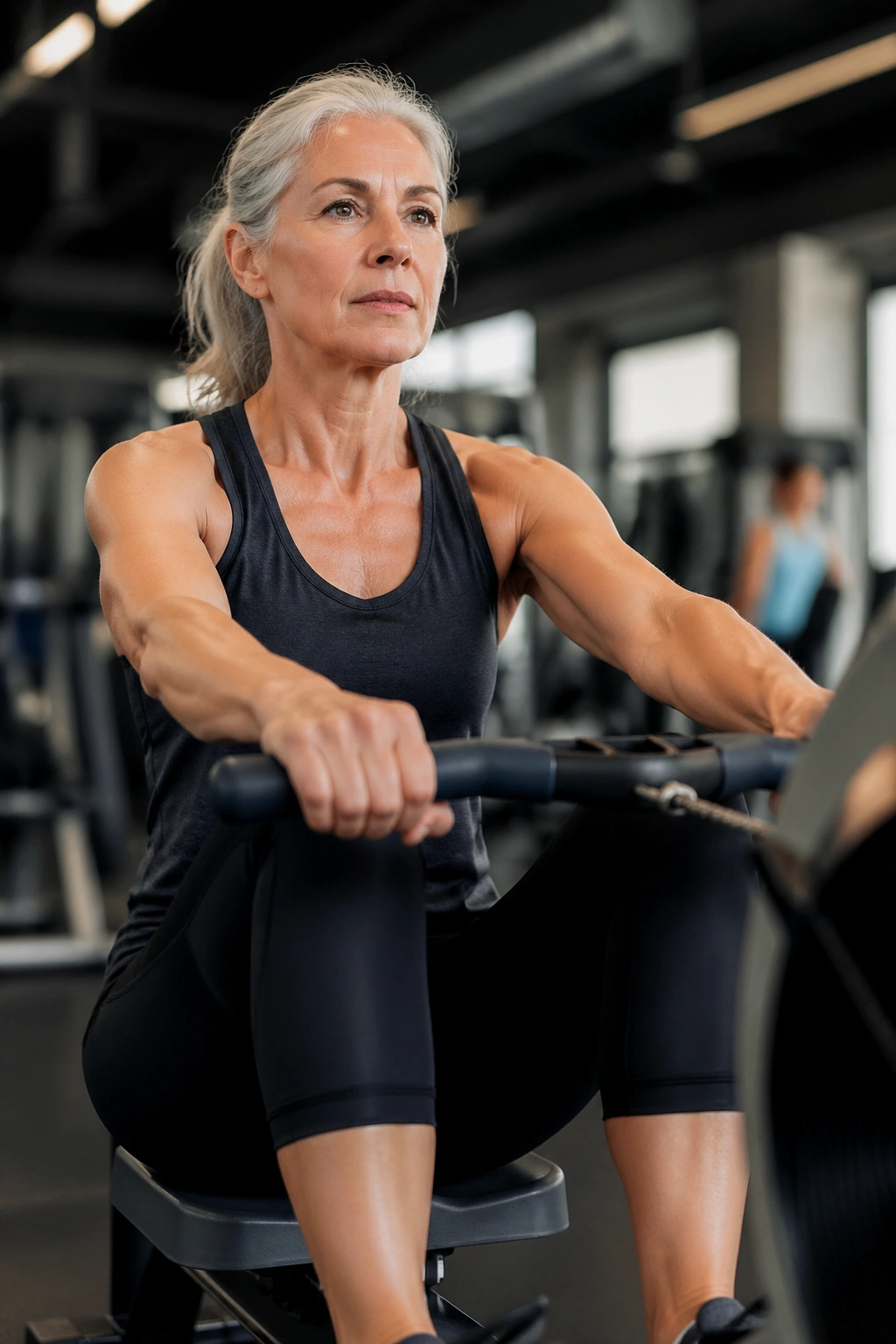 Woman over 50 on rowing machine mid-stroke