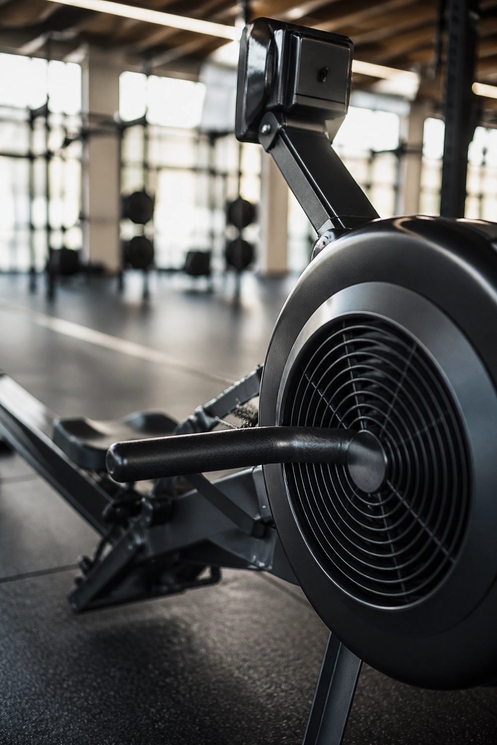Close-up of a rowing machine in a gym, dominating the frame